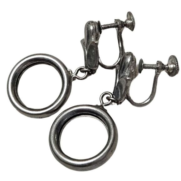 1950s Vintage Flower Dangling Loop Clip On Earrings Silver Tone Twist On Closure - Picture 5 of 7